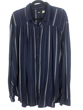 BDG Urban Outfitters Navy Blue Striped Oversized Gathered Button-Down Shirt